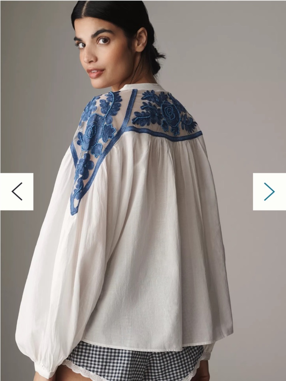 Anthropologie Long-Sleeve Lace Blouse White Blue Sz S Embroidered Beaded Relaxed - Picture 2 of 16